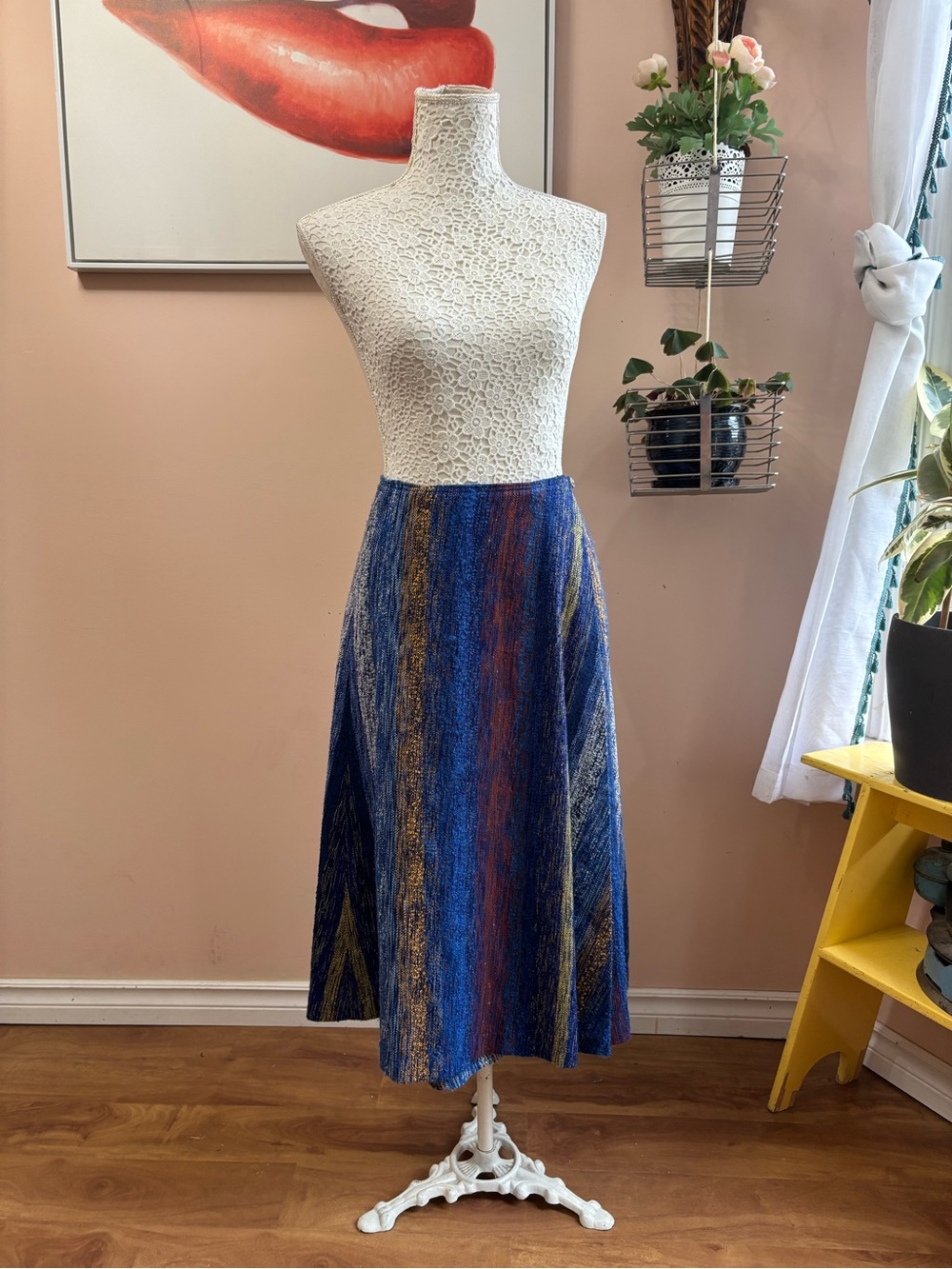 Vintage 70s Knit Maxi Wrap Skirt, Blue Multi Striped Woven A Line Skirt